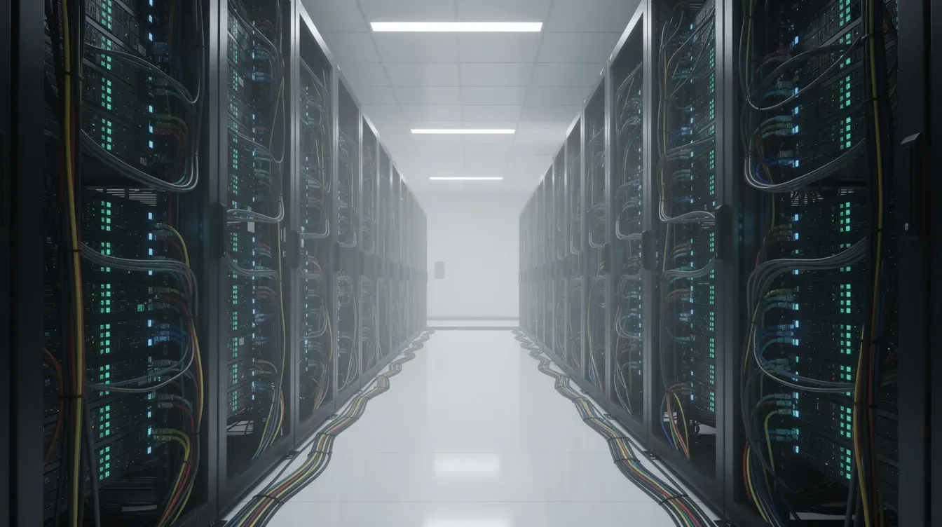 The image depicts a clean and organized aisle in a data center, showcasing rows of server hardware neatly arranged on racks. This environment emphasizes the importance of ethical AI development and responsible practices in managing AI systems and technologies.