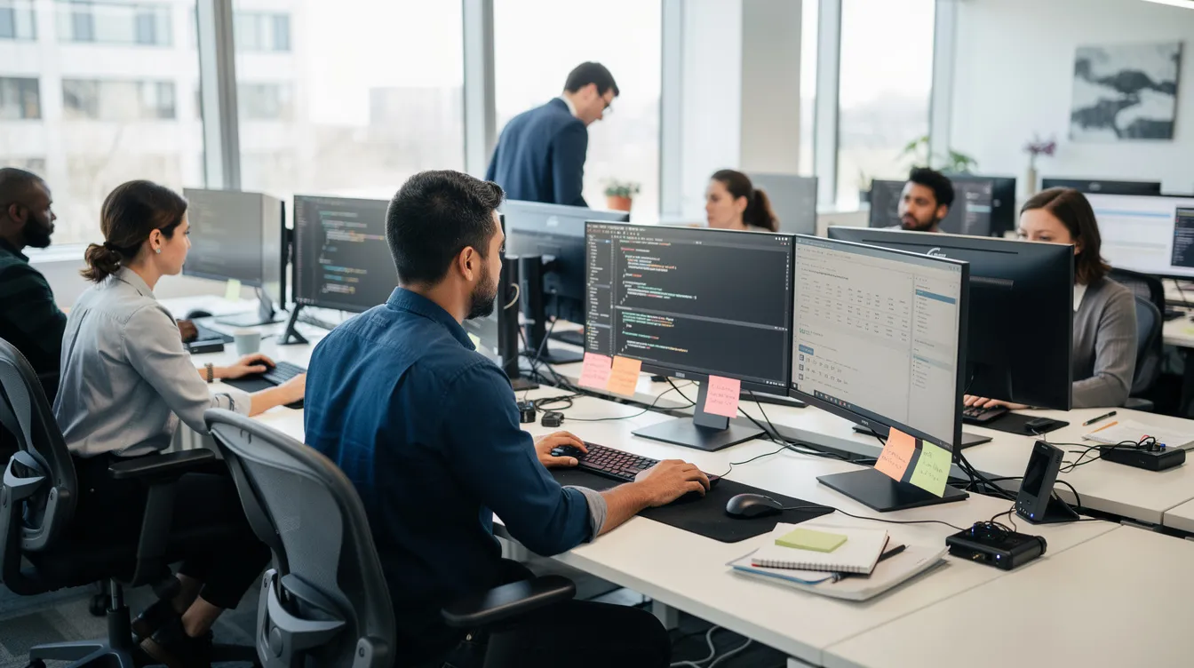 The image depicts a diverse team of professionals collaborating on software testing, with multiple monitors displaying various AI tools and algorithms. This scene emphasizes the importance of ethical AI development and the need for human oversight to address potential risks and ensure accountability in the use of artificial intelligence technologies.