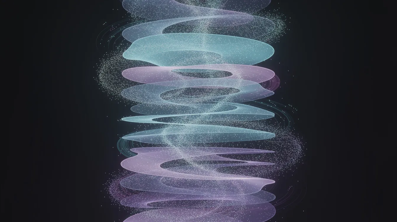 The image depicts an abstract stack of luminous layers ascending, with small particles flowing through them, symbolizing the complex interactions within a transformer architecture. This visual representation evokes the layers of a transformer model, reflecting the process of encoding and decoding input sequences in natural language processing.