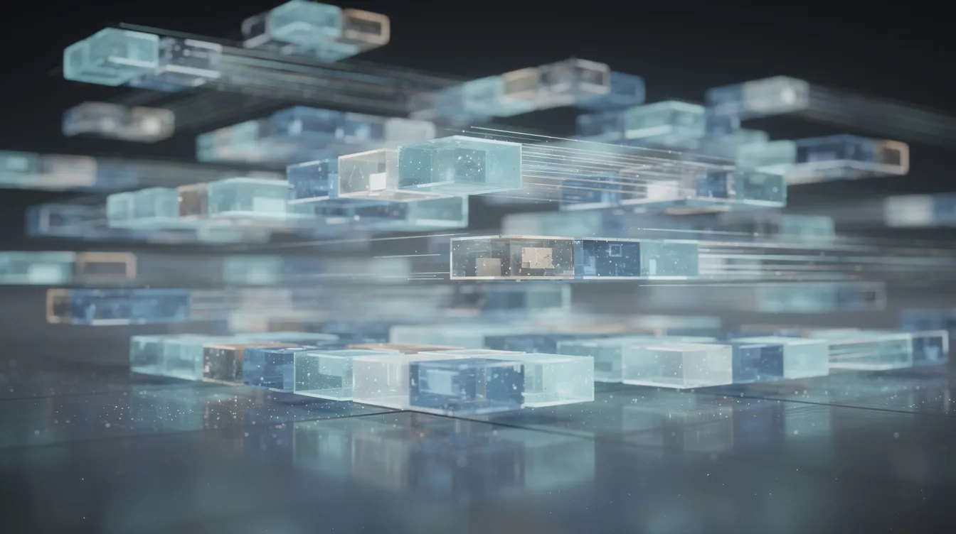 The image depicts an abstract layered network composed of glowing blocks, with motion blur suggesting dynamic movement, symbolizing the complex interactions within a transformer architecture. This visual representation hints at key components like input sequences, multi-head attention, and the self-attention mechanism crucial for tasks in natural language processing and machine translation.