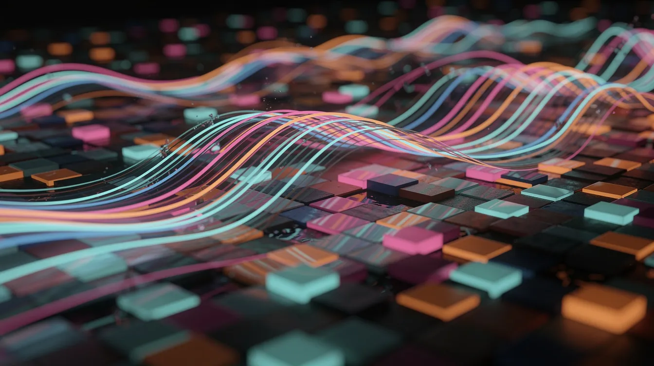 An abstract close-up view showcases a vibrant arrangement of small colored tiles that transform into glowing vectors, symbolizing the flow of input data through a transformer architecture. This visual metaphor captures the essence of complex language understanding and the self attention mechanism used in large language models.