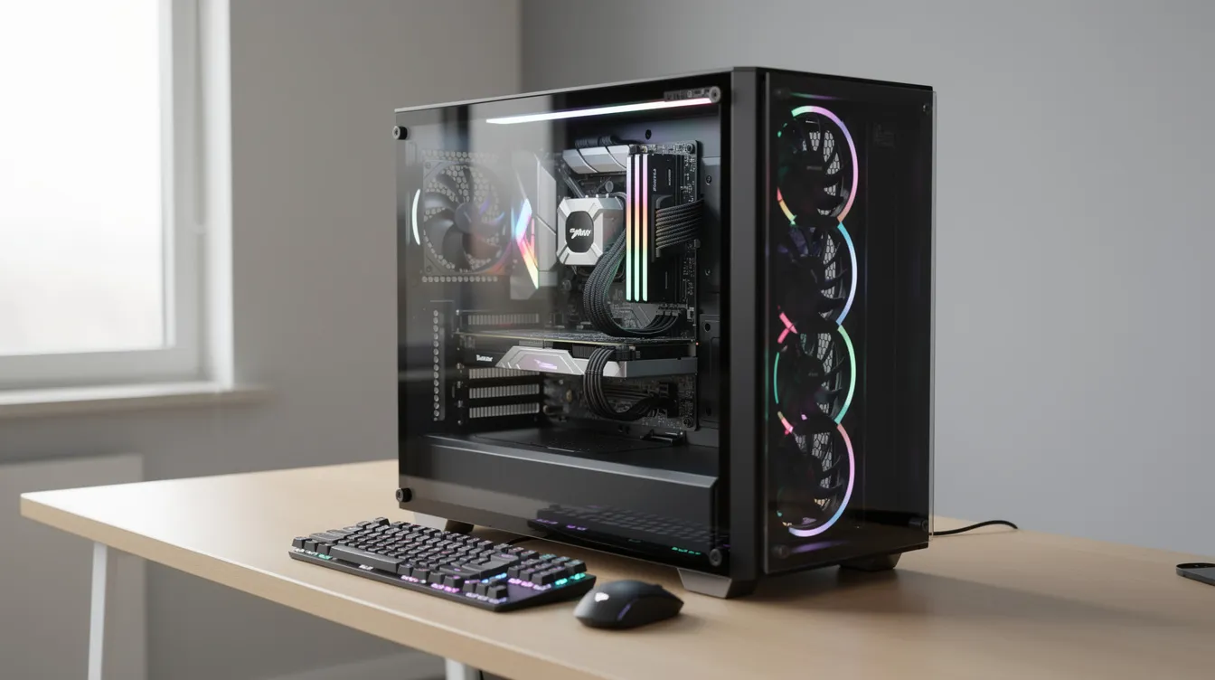 The image shows a clean workstation featuring a desktop PC with a large NVIDIA graphics card prominently displayed inside. The setup appears organized and efficient, ideal for performing high-performance tasks while ensuring security verification against malicious bots.