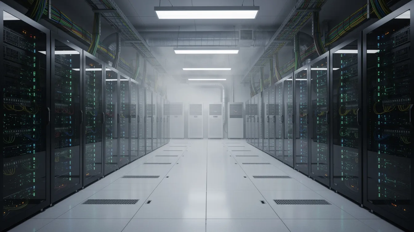 The image depicts a quiet server room filled with rows of machines and cooling equipment, essential for performing security verification and protecting resources from malicious bots. The organized setup showcases the performance and availability of various products, including GPU cards, ensuring optimal access and connectivity.
