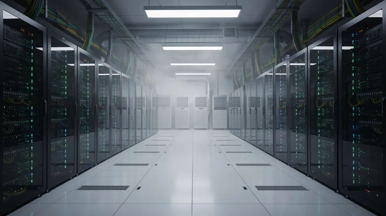 The image depicts a quiet server room filled with rows of machines and cooling equipment, essential for performing security verification and protecting resources from malicious bots. The organized setup showcases the performance and availability of various products, including GPU cards, ensuring optimal access and connectivity.