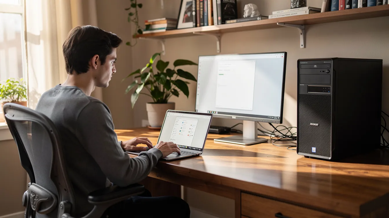 A person is checking a laptop while seated beside a desktop computer in a home office, possibly performing security verification to protect against malicious bots. The scene suggests a focus on ensuring access to resources and verifying the performance of their devices.