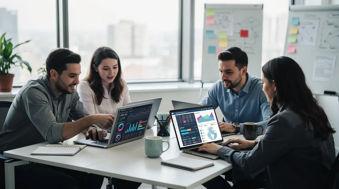 A group of developers is gathered around a table, intently comparing cloud compute dashboards displayed on their laptops, discussing various GPU resources and configurations for running AI workloads and machine learning projects. The atmosphere is focused, with an emphasis on optimizing GPU power and performance for their production workloads.