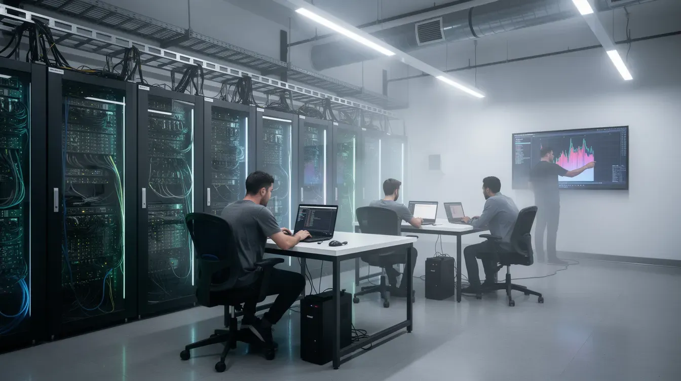 The image depicts a remote GPU server room where engineers are actively working on laptops, likely managing GPU workloads and accessing GPU resources for various AI and machine learning projects. The environment is filled with high-performance GPU servers, showcasing the infrastructure needed for training models and running compute workloads efficiently.