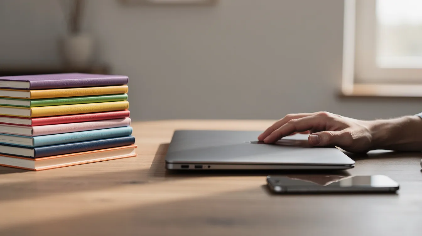 A person is closing a laptop next to a neatly organized stack of notebooks and a smartphone, suggesting a productive workspace that may rely on cloud storage solutions for data management across multiple devices. The scene reflects a blend of technology and organization, ideal for users seeking the best cloud storage options.