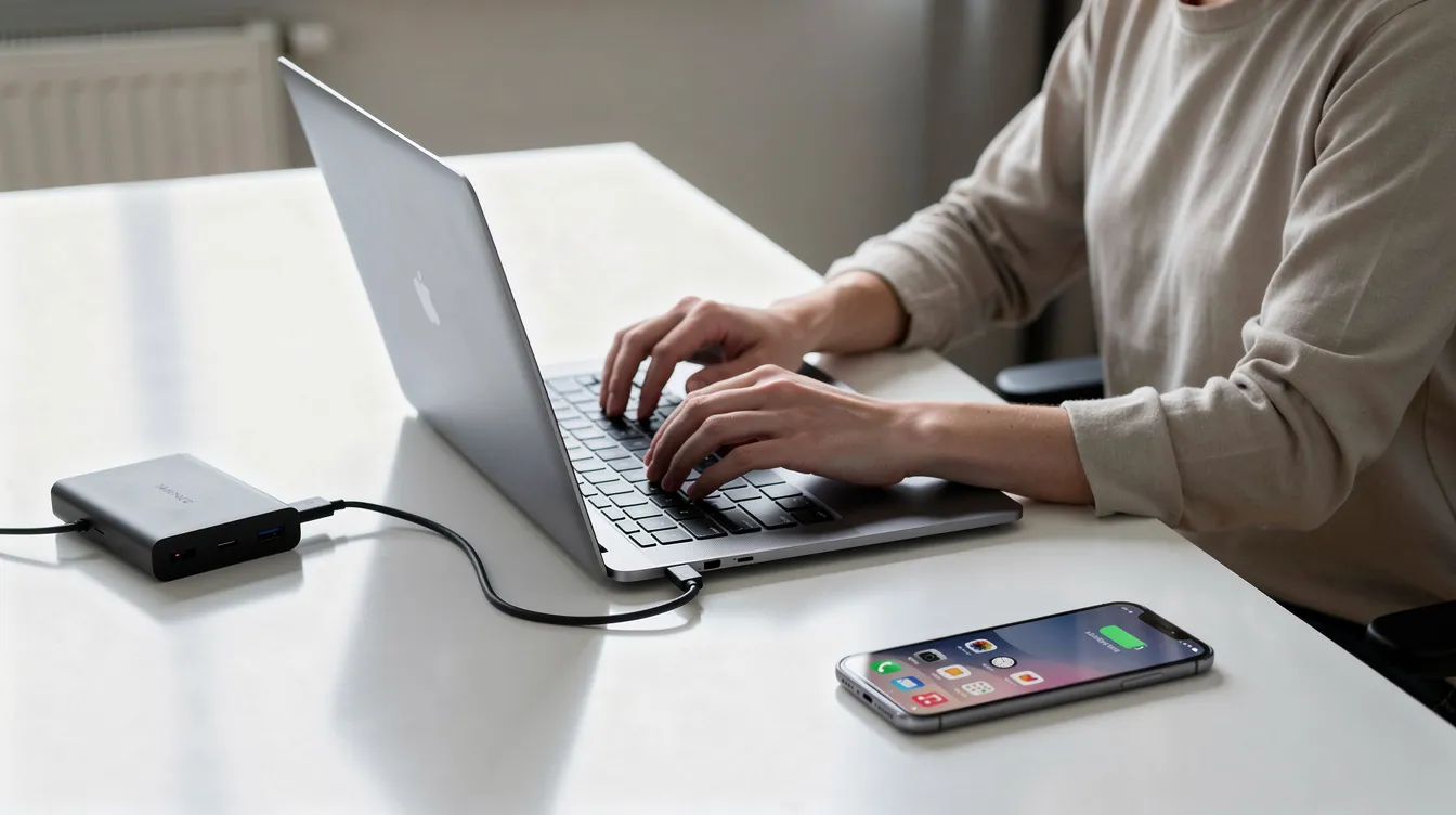 A person is focused on their laptop at a tidy desk, with an external hard drive and a smartphone nearby, symbolizing the importance of data storage and cloud storage options for seamless file syncing and secure file sharing across multiple devices.