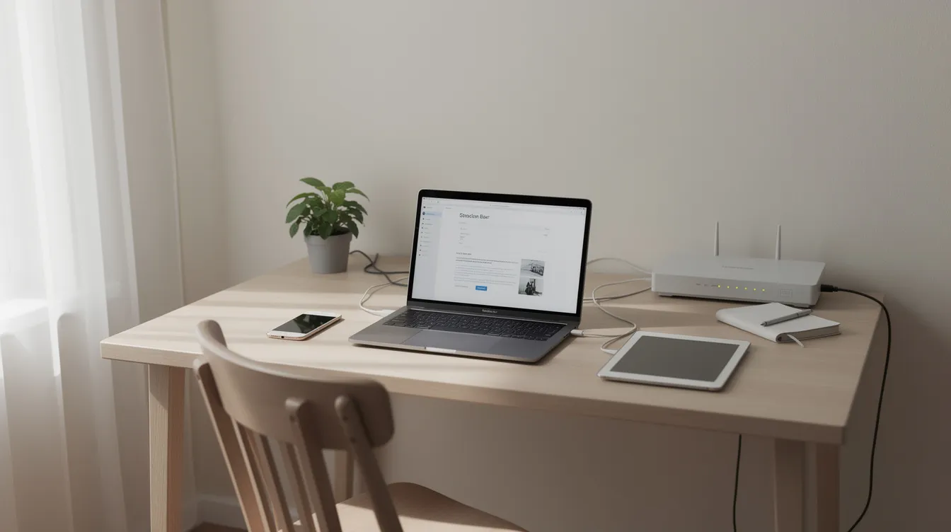 The image depicts a small home workspace featuring a laptop, phone, tablet, and router, all arranged in a serene environment. This setup is ideal for users utilizing cloud storage services for seamless file syncing and secure data management across multiple devices.