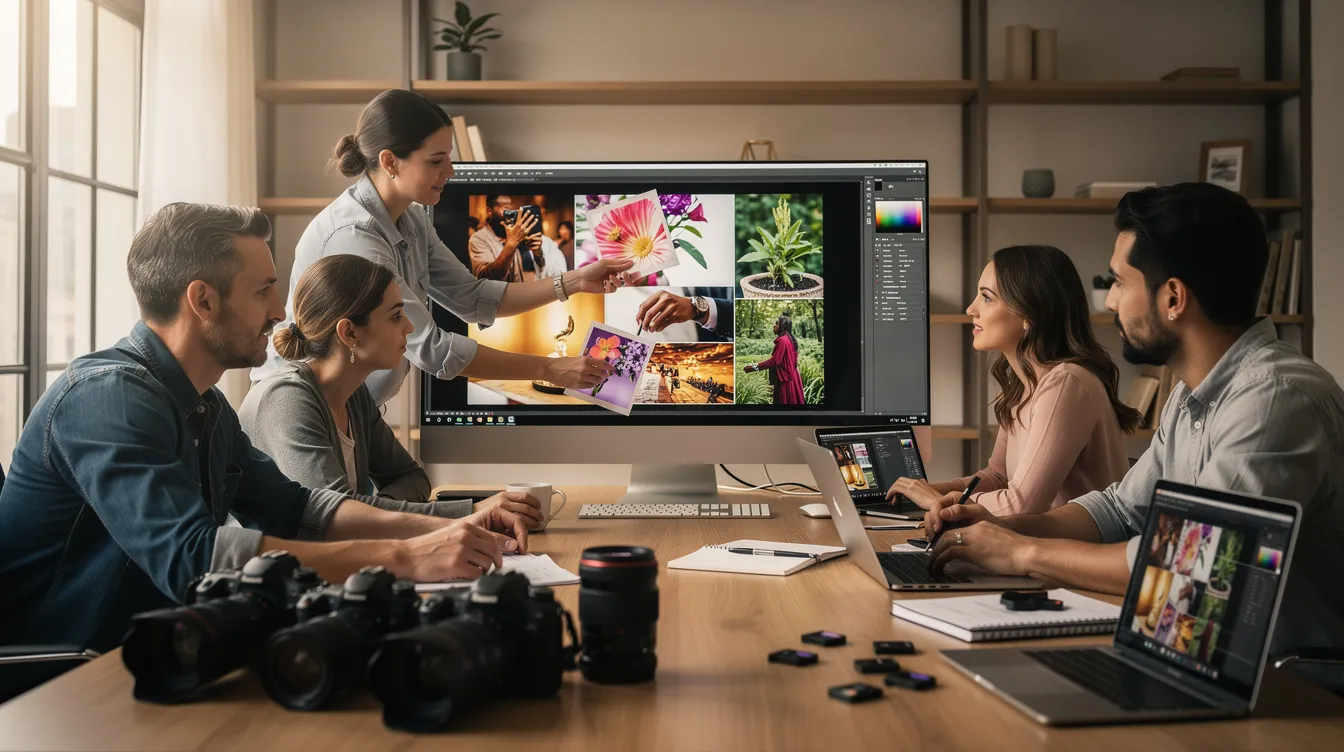 A creative team is gathered around a large monitor, reviewing photos while laptops and cameras are placed nearby, highlighting the importance of effective data management and cloud storage solutions for collaborative projects. The scene emphasizes the need for secure file sharing and seamless integration of multiple devices in creative workflows.