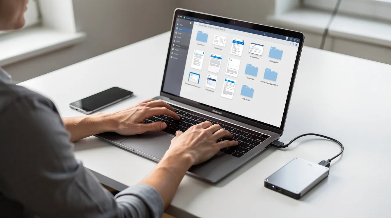 A person is organizing files on a laptop, with a smartphone and an external drive nearby, illustrating the importance of file management and data storage solutions in accessing and saving data across multiple devices. This setup highlights the relevance of cloud storage services for efficient file syncing and backup.