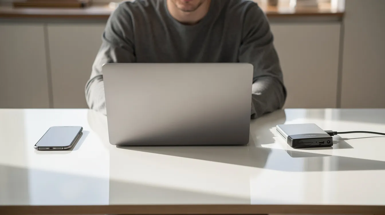 A person is sitting at a clean desk, focused on their laptop, with a smartphone and an external drive beside them. The scene suggests an organized workspace, likely used for tasks related to data management or cloud storage solutions.