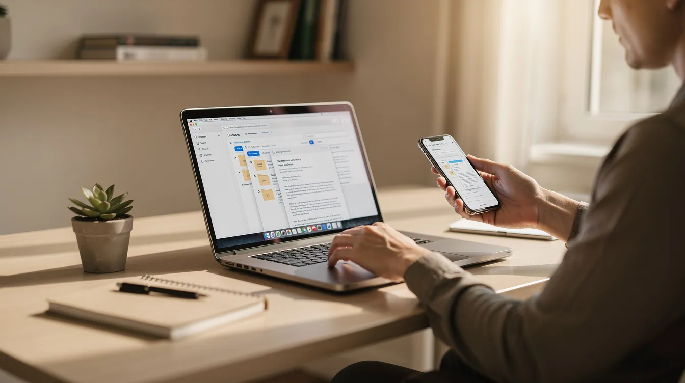 A person is sitting in a quiet home office, holding a phone while viewing files on a laptop. The scene suggests the use of cloud storage solutions for accessing and managing files across multiple devices.