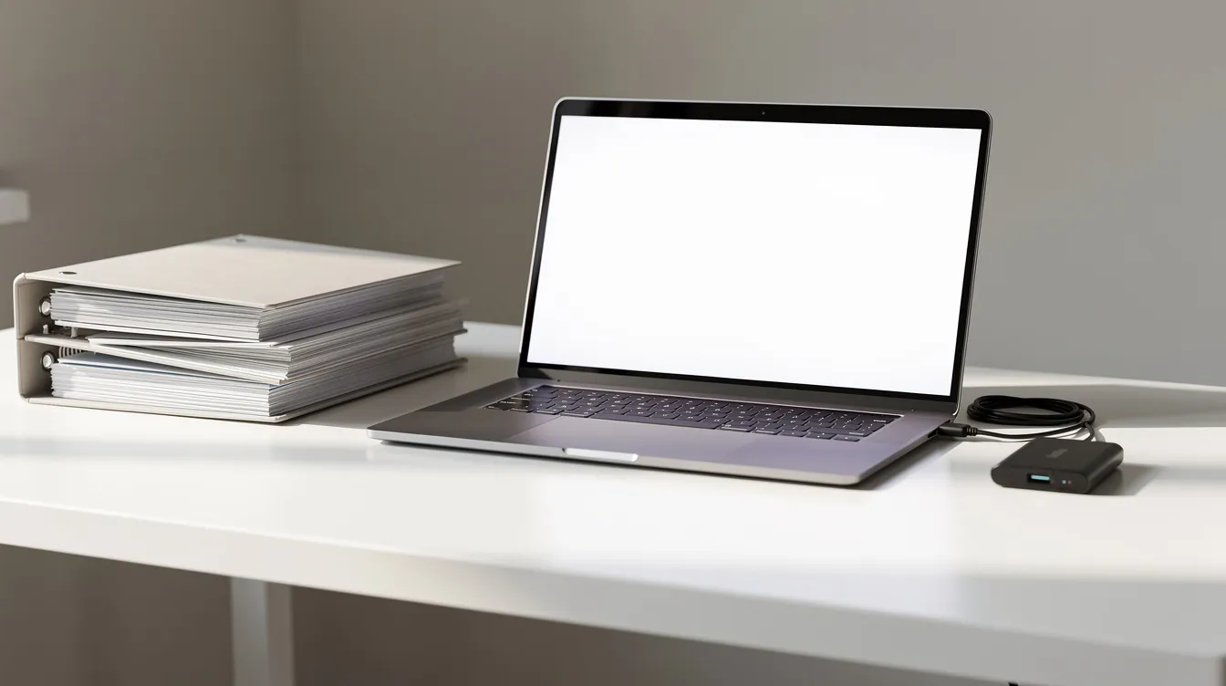 The image depicts a clean desk featuring neatly arranged folders, a laptop, and a small external drive, symbolizing an organized data storage environment. This setup reflects efficient file storage practices that could complement cloud storage solutions for managing sensitive data and enhancing business continuity.