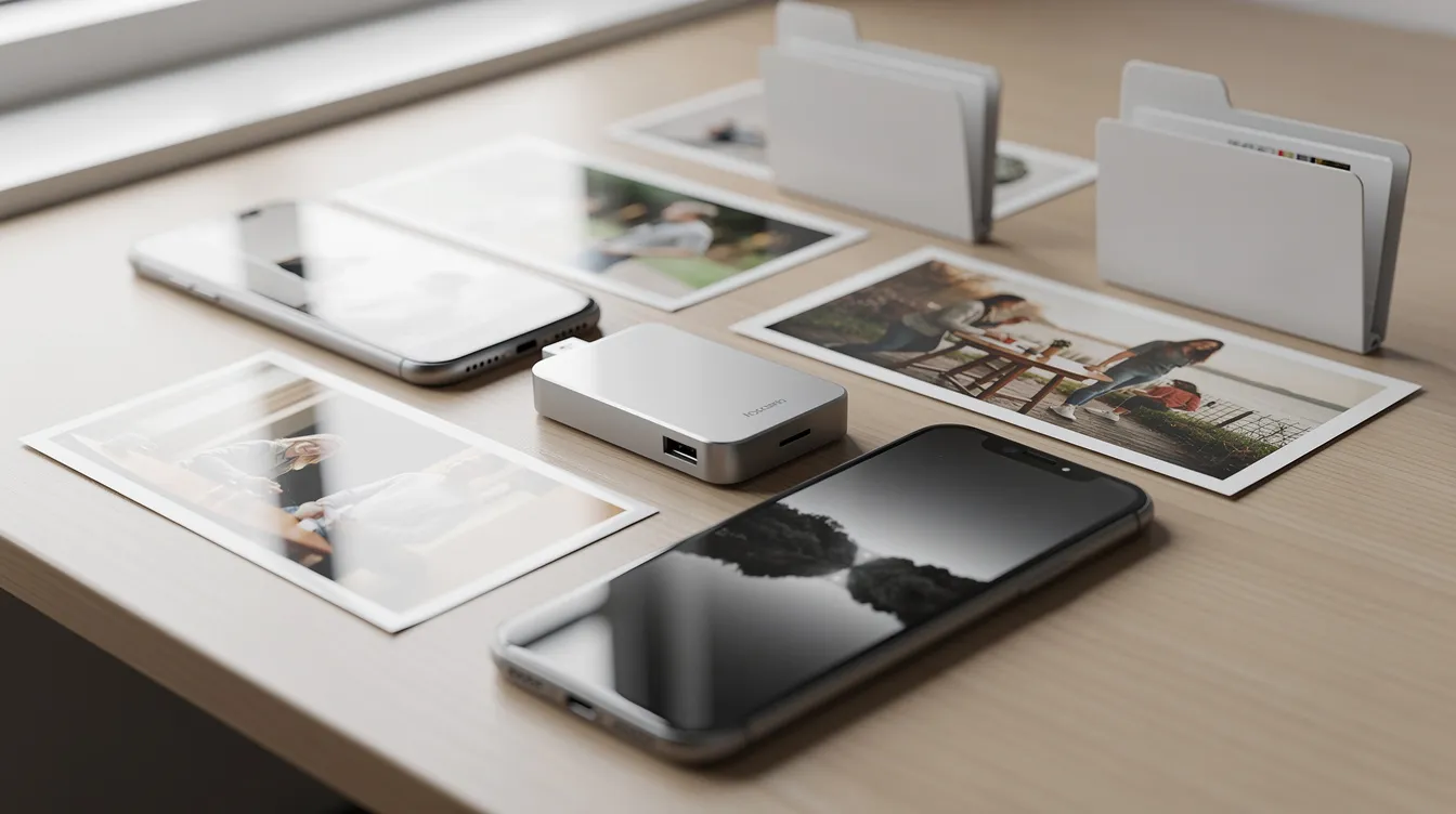 The image depicts a desk with smartphone photos and folders arranged neatly beside a small storage device, illustrating the concept of data storage and management. This setup highlights the importance of cloud storage solutions for easy access to files and effective data backup.