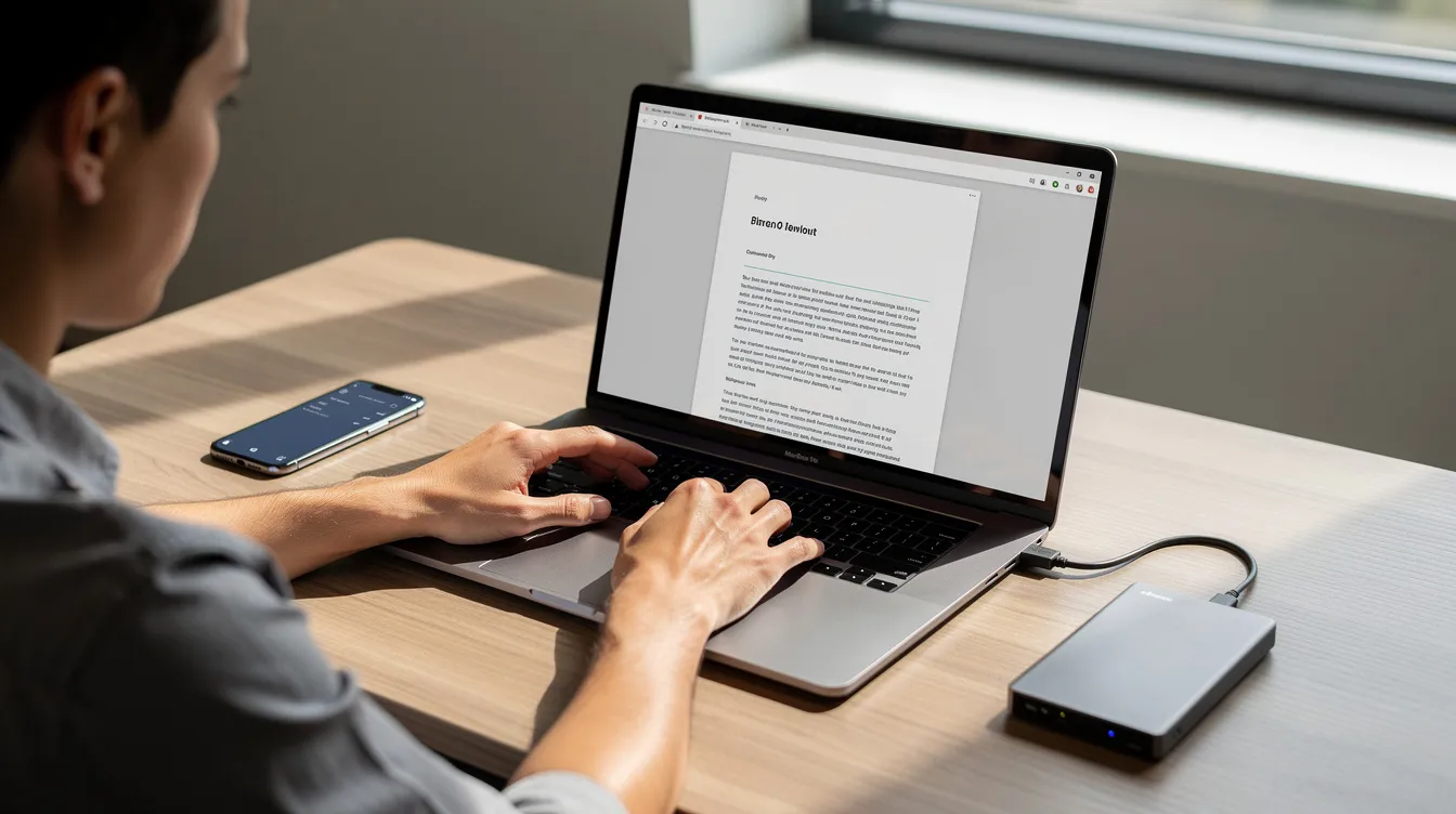 A person is reviewing files on a laptop, positioned next to a smartphone and an external drive, highlighting the importance of data management and cloud storage solutions for accessing and storing sensitive data efficiently. The scene reflects a modern approach to file storage and cloud service usage, essential for business continuity and data protection.