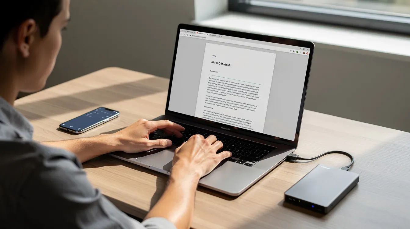 A person is reviewing files on a laptop, positioned next to a smartphone and an external drive, highlighting the importance of data management and cloud storage solutions for accessing and storing sensitive data efficiently. The scene reflects a modern approach to file storage and cloud service usage, essential for business continuity and data protection.