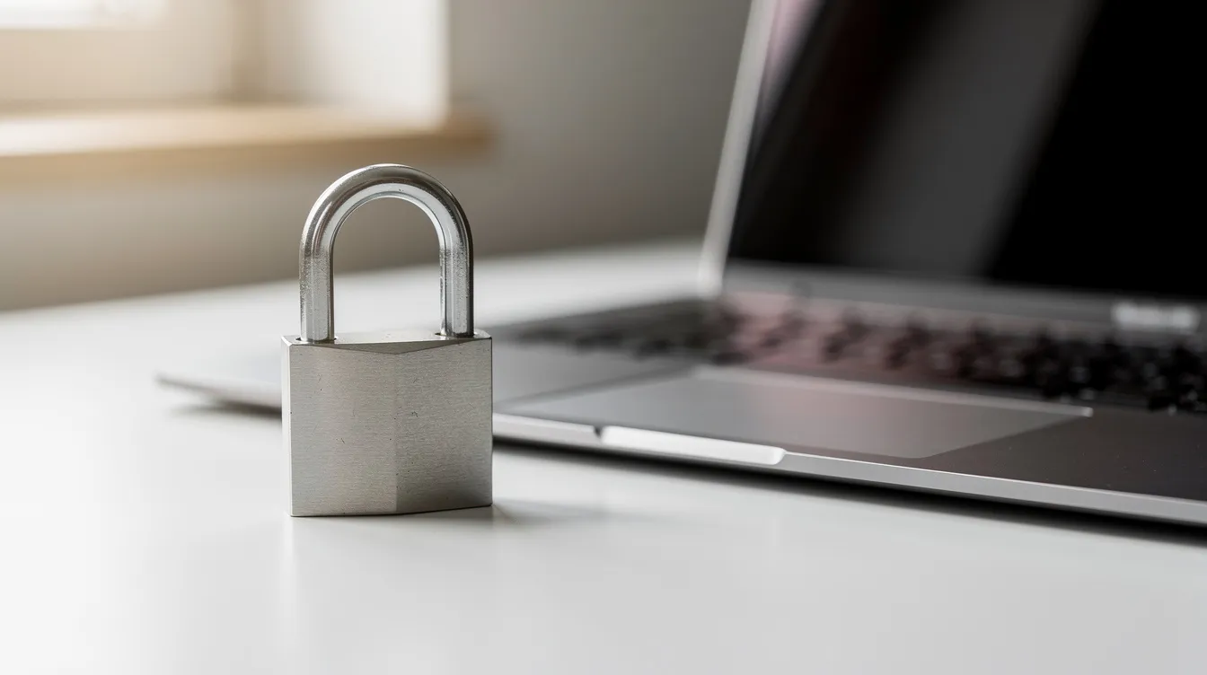 A close-up view of a small lock sits next to a laptop on a clean desk, symbolizing the importance of security in cloud storage solutions for protecting important files and data. This image highlights the need for password protection and encryption features in today's digital environment.
