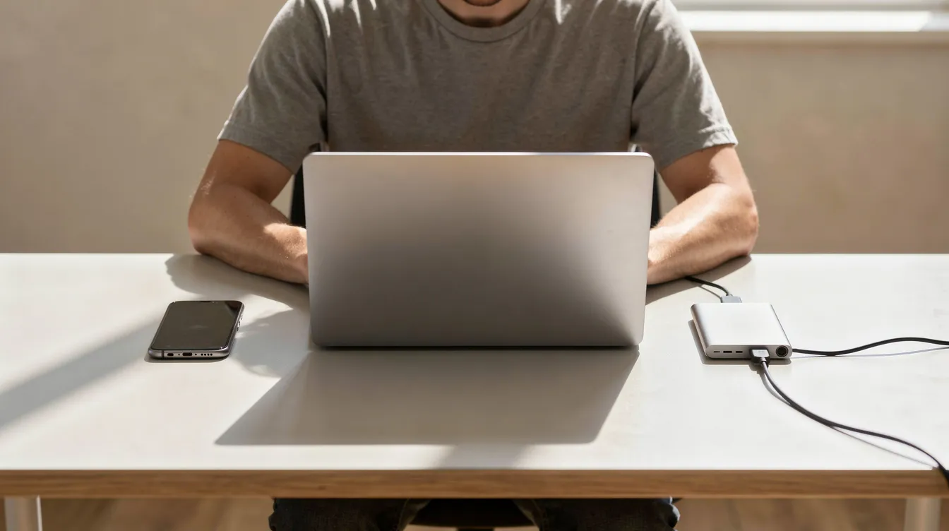 A person is focused on their laptop at a simple desk, with a smartphone and an external drive nearby, suggesting a setup for efficient file syncing and cloud storage solutions. This workspace is ideal for managing important files and utilizing cloud storage services for backup and file sharing.