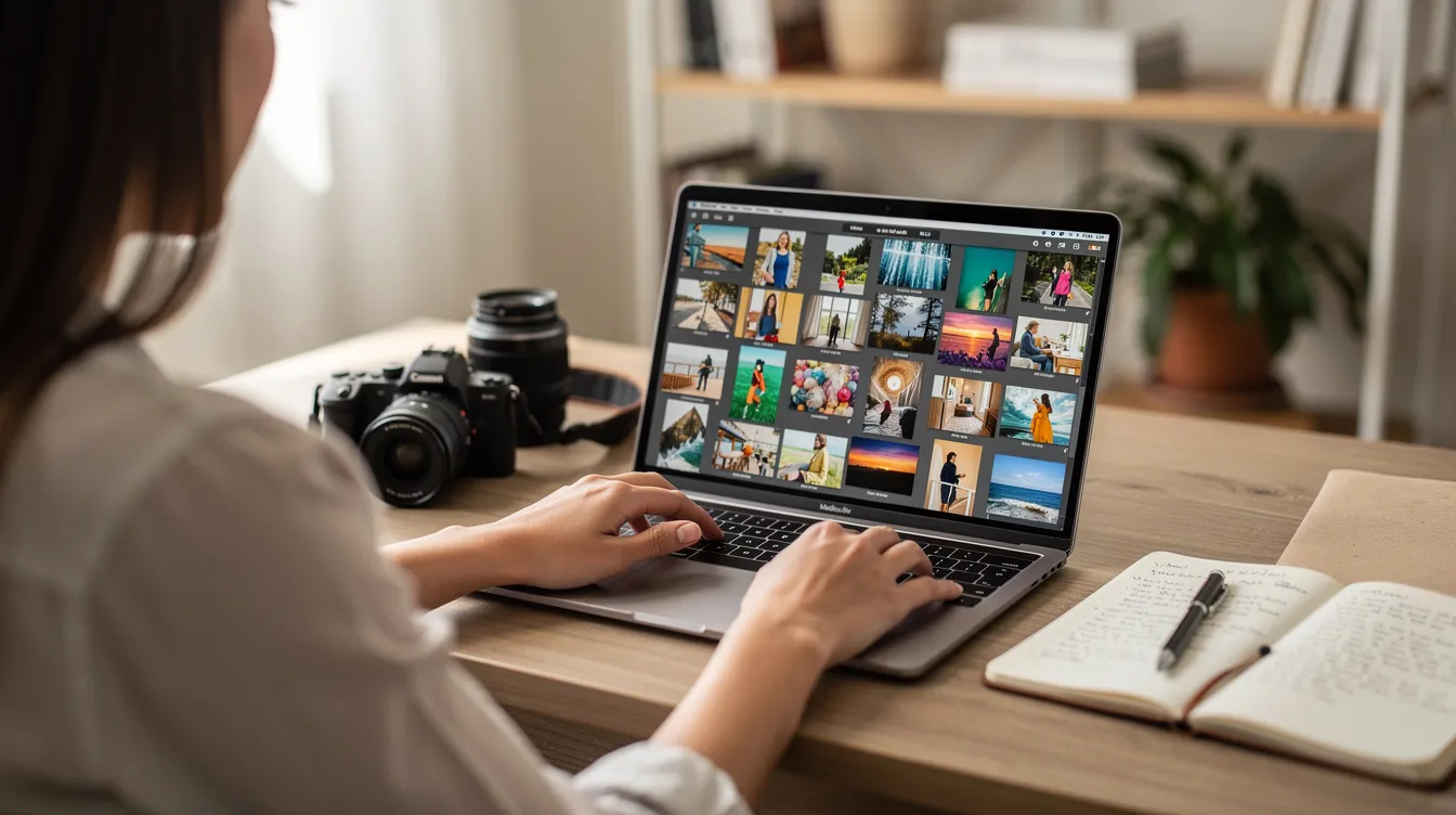 A person is seated at a laptop, diligently organizing digital photos while a camera and a notebook are placed nearby, suggesting a creative workspace. This scene highlights the importance of cloud storage solutions for managing and backing up important files efficiently.