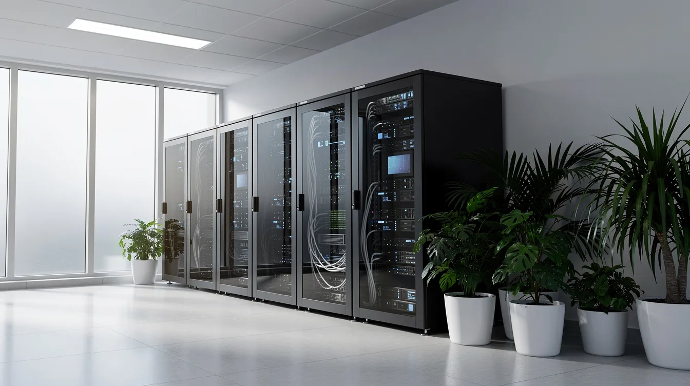 The image depicts a quiet, modern server room bathed in soft natural light, with green plants placed nearby, creating a serene atmosphere. This setting highlights the importance of cloud storage solutions, providing a secure and efficient environment for data management and file sharing.