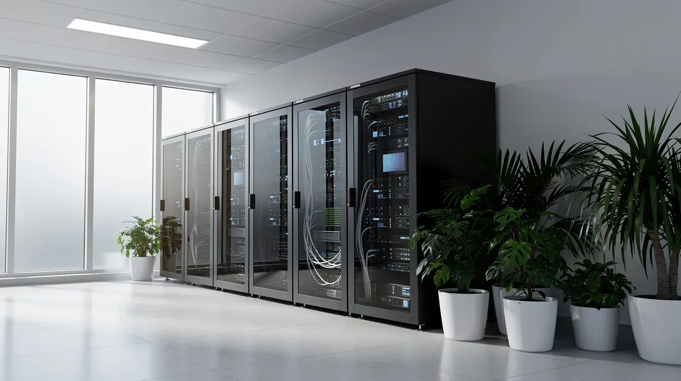 The image depicts a quiet, modern server room bathed in soft natural light, with green plants placed nearby, creating a serene atmosphere. This setting highlights the importance of cloud storage solutions, providing a secure and efficient environment for data management and file sharing.