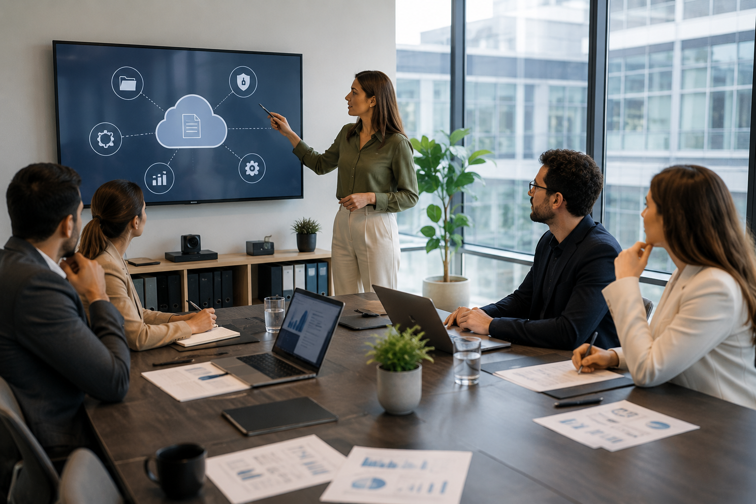 Équipe comparant des solutions de stockage cloud professionnel sur des ordinateurs portables