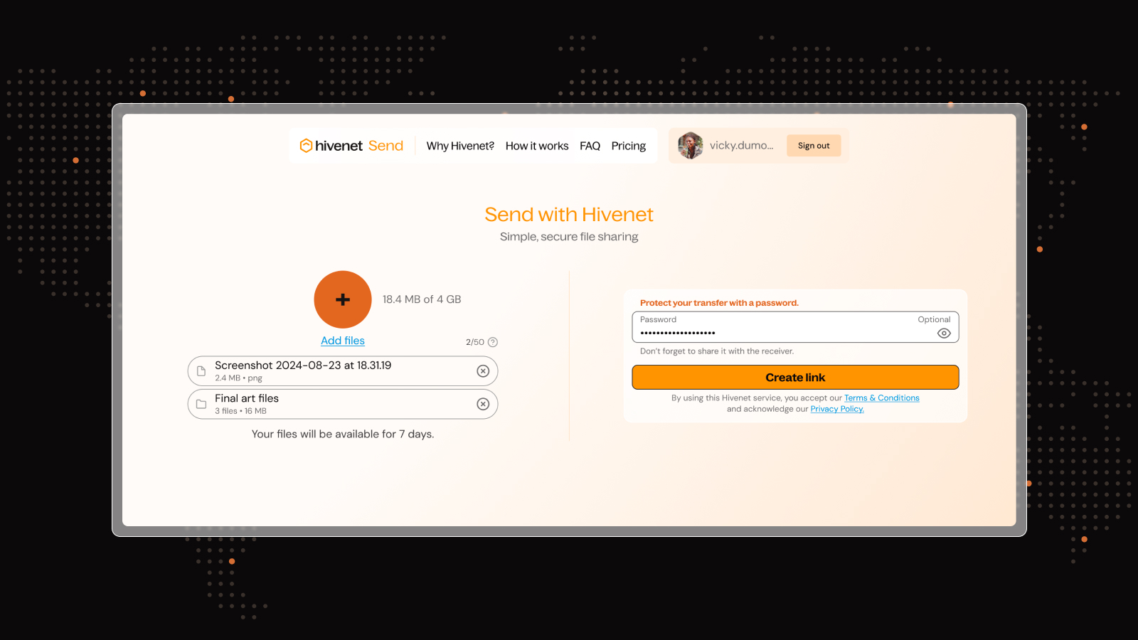 Send with Hivenet interface showing a 4 GB transfer limit and optional password protection