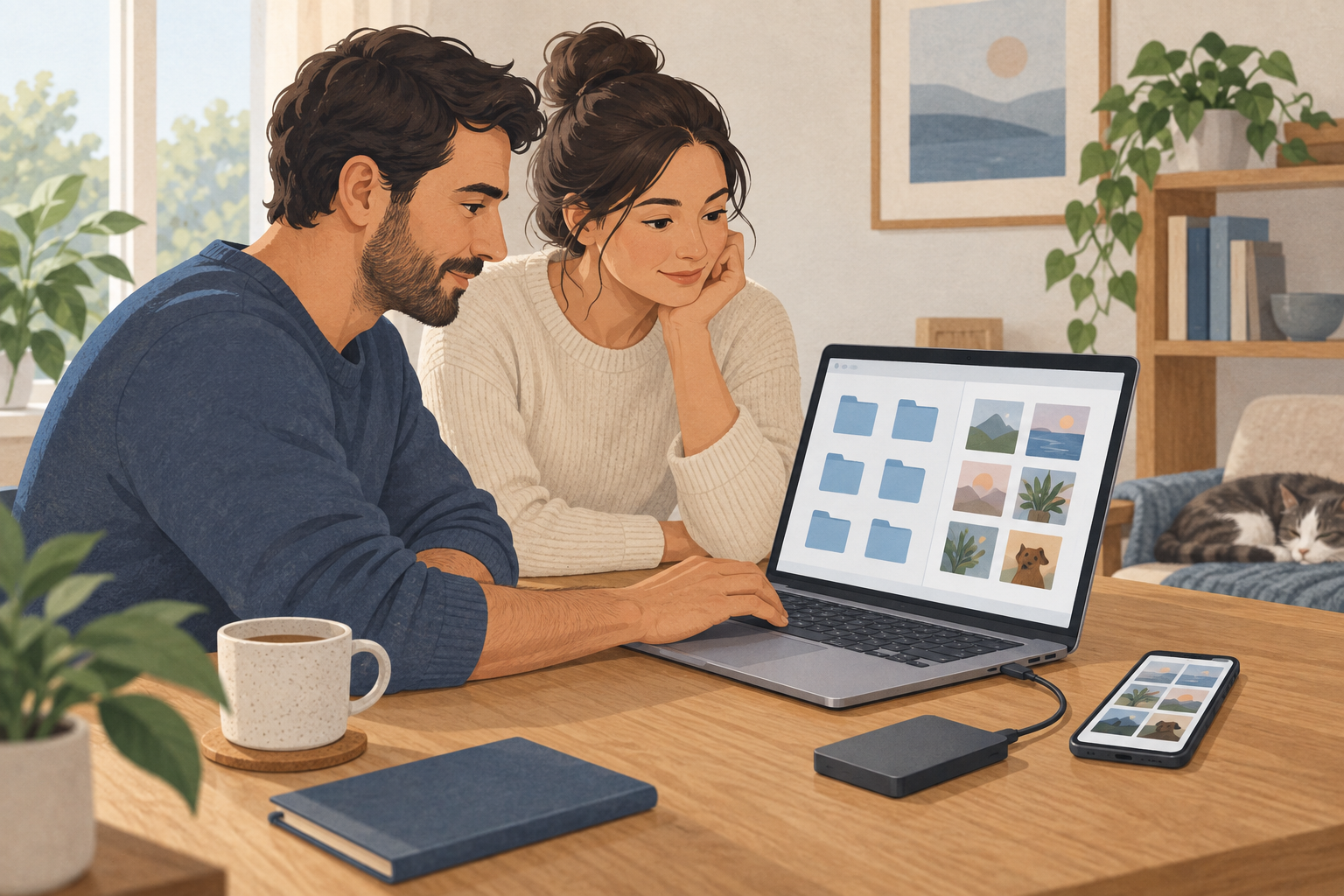 Two people view folders and photos on a laptop, with a phone and an external drive on the table.