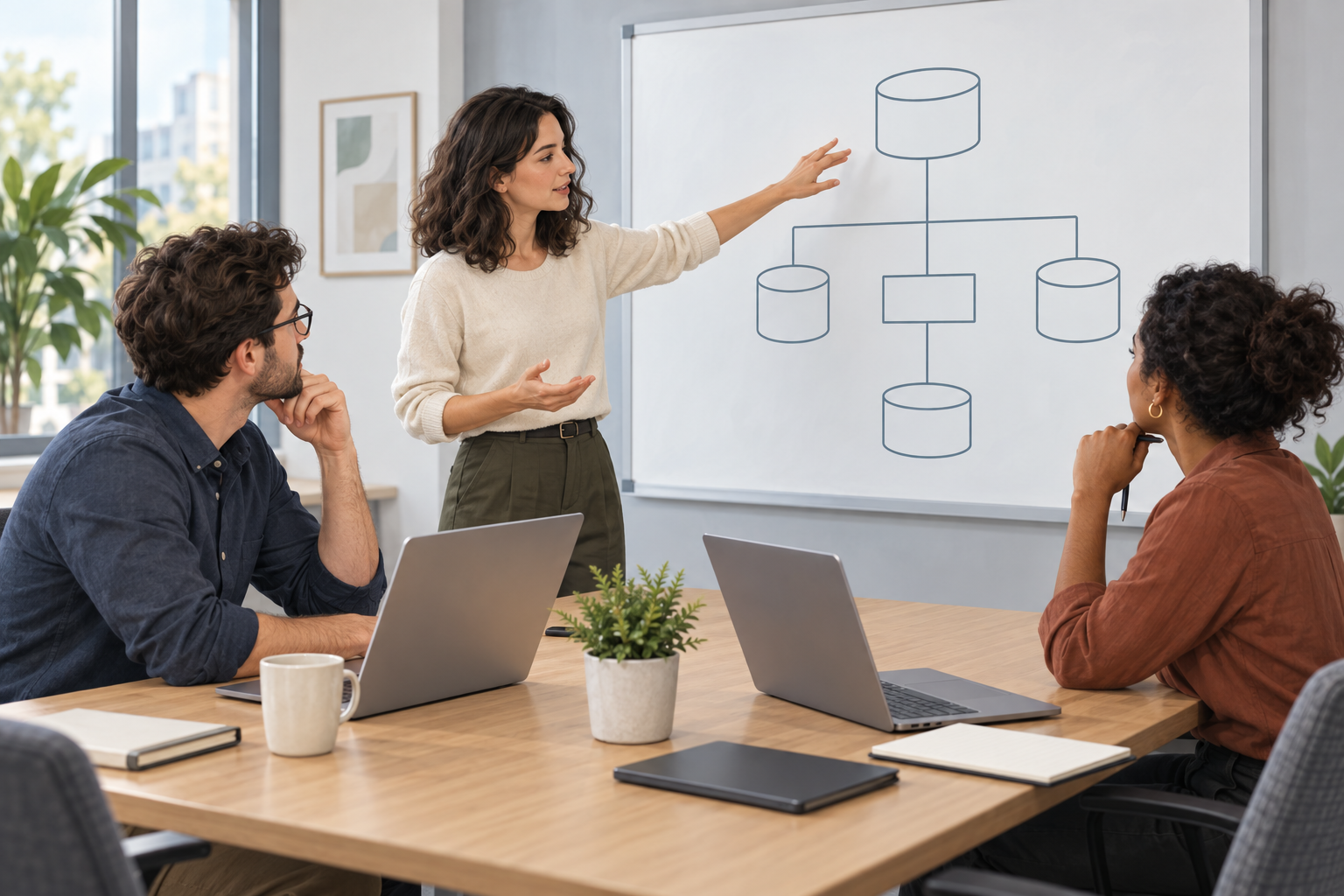 A team reviews a storage diagram on a whiteboard, with two laptops on the table.