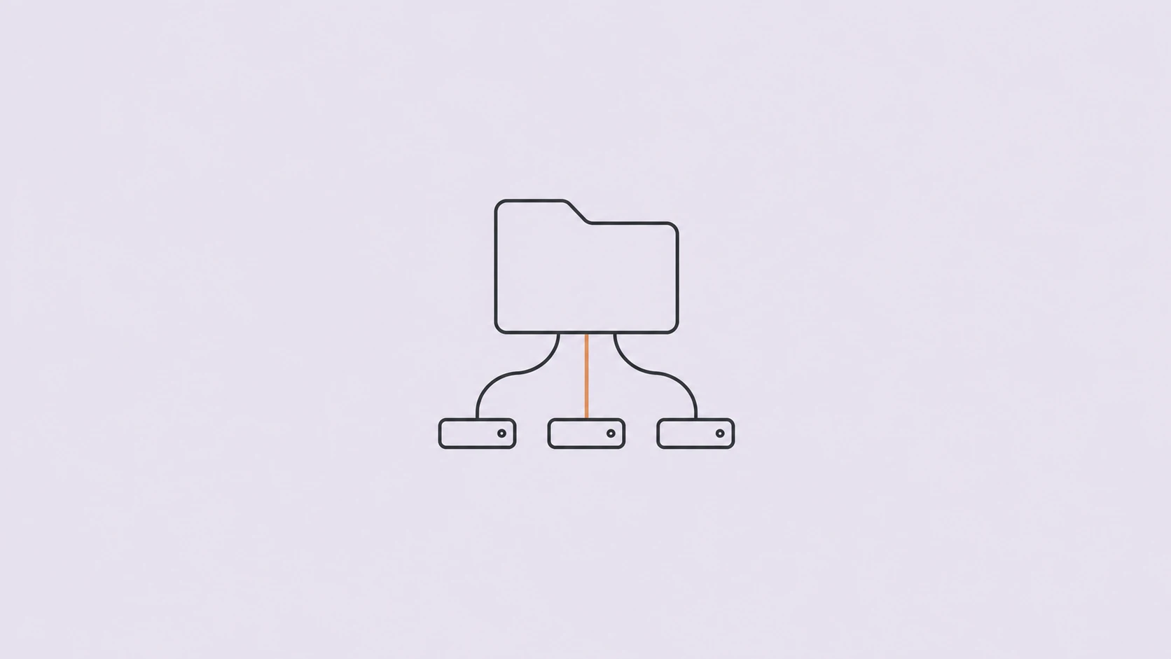 An outlined folder connected to three storage devices by parallel paths on a pale lavender background.