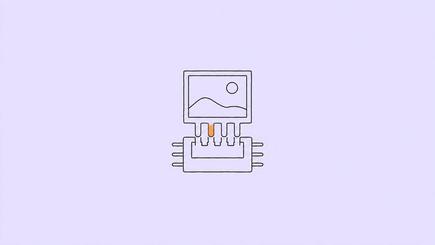 An outlined image frame with connector pins fitting into a chip socket on a pale lavender background.