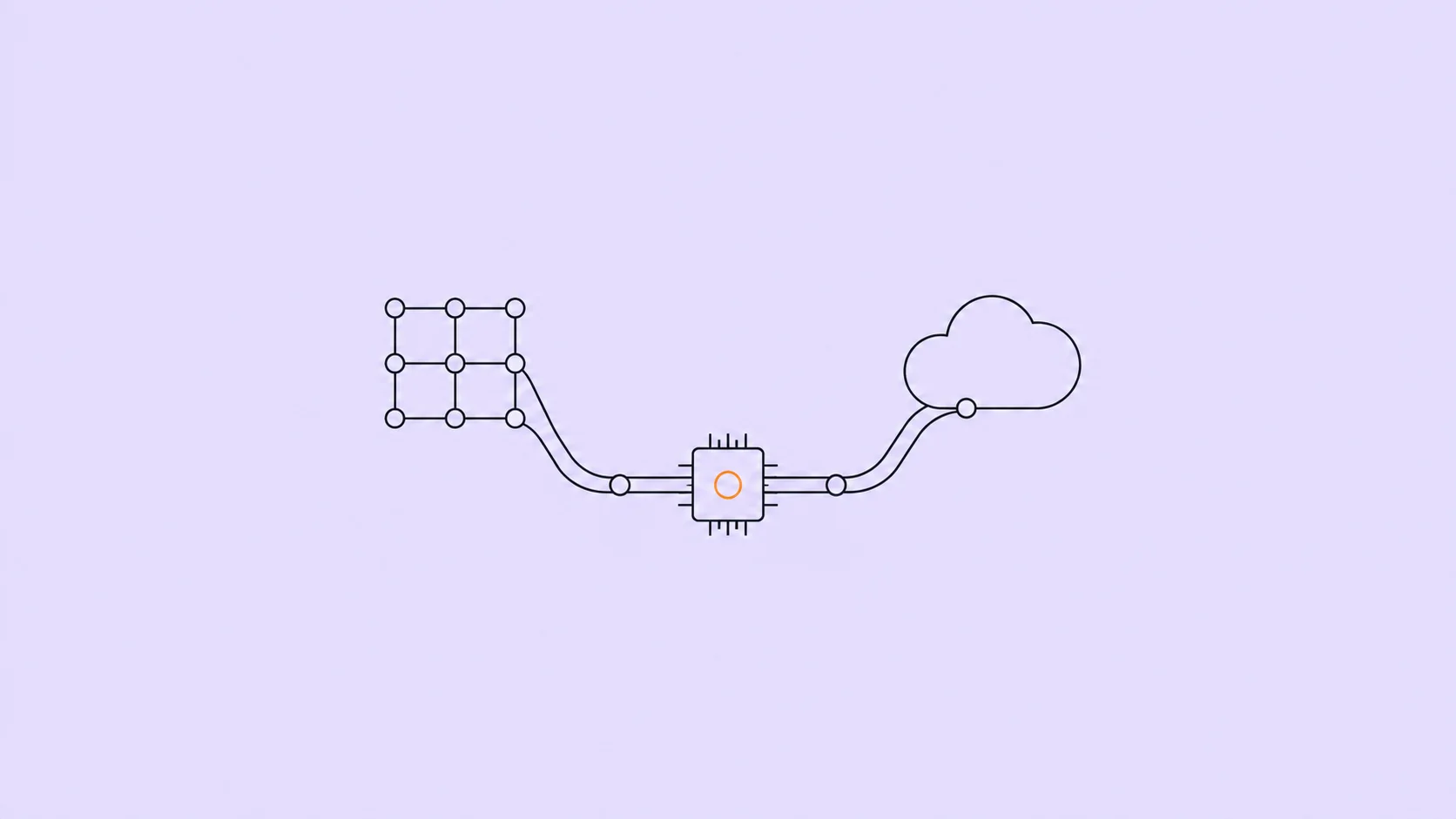 Une puce relie un petit réseau de nœuds et le contour d’un nuage sur un fond lavande pâle.