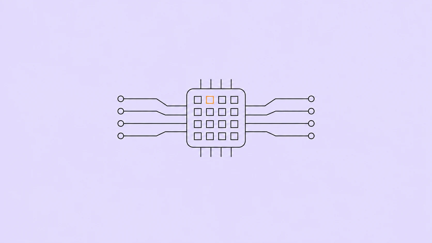 Un processeur dessiné au trait contient une grille de petits carrés, avec des connexions parallèles sur fond lavande pâle.