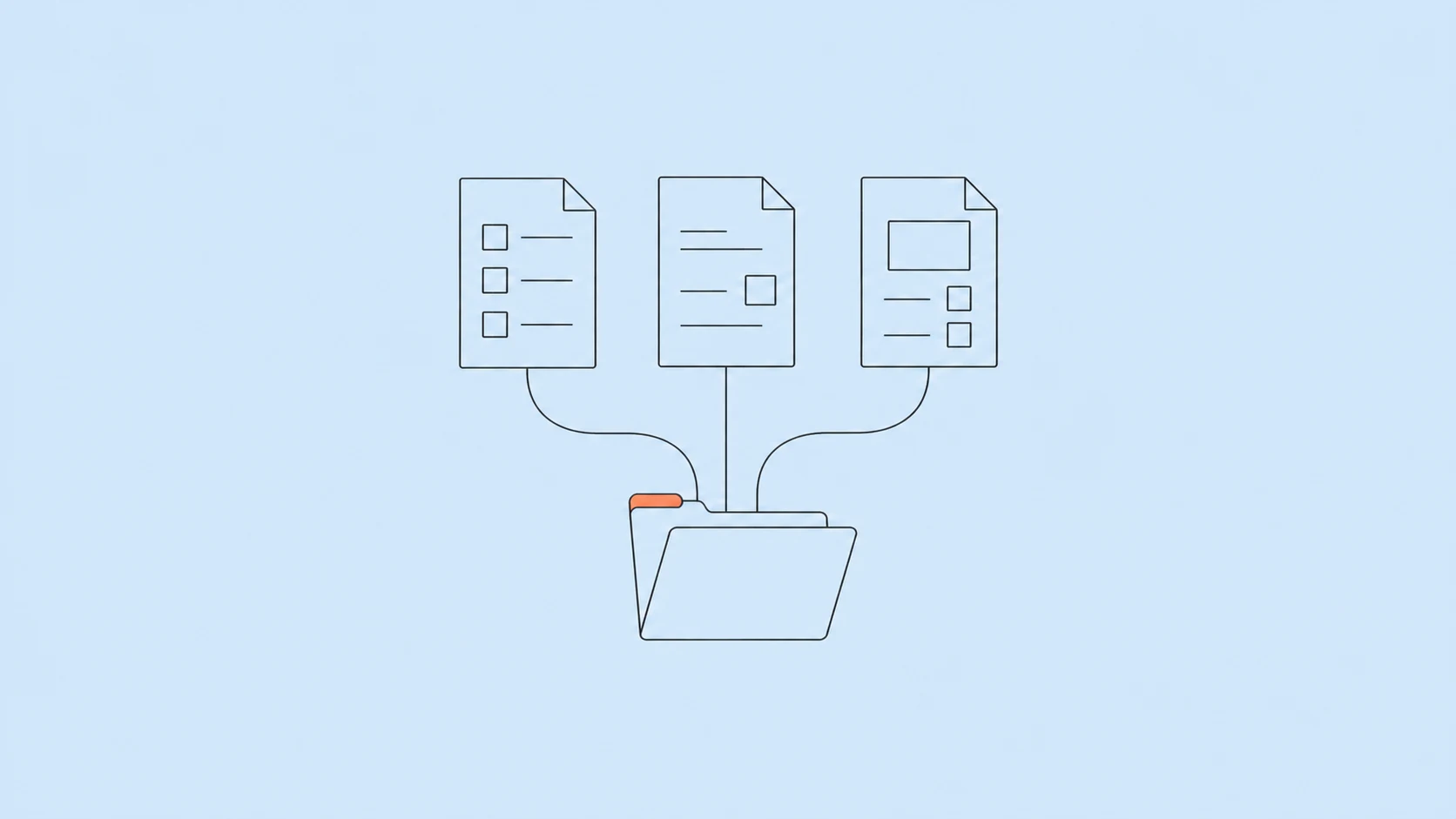 Three outlined documents connect to an open folder with an orange tab on a pale blue background.