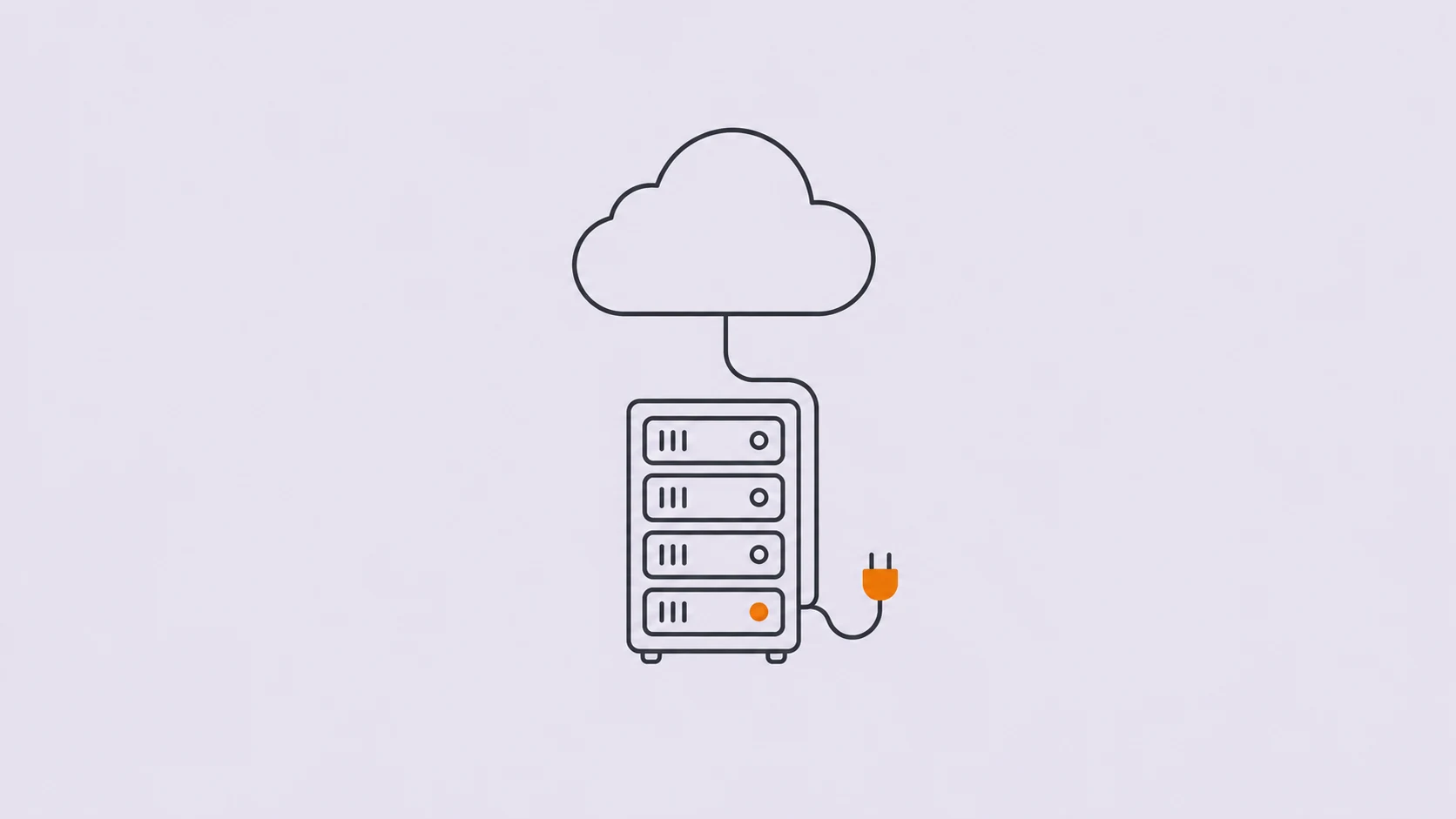 Un nuage dessiné au trait est relié à une baie de serveurs et à une prise orange sur un fond lavande pâle.