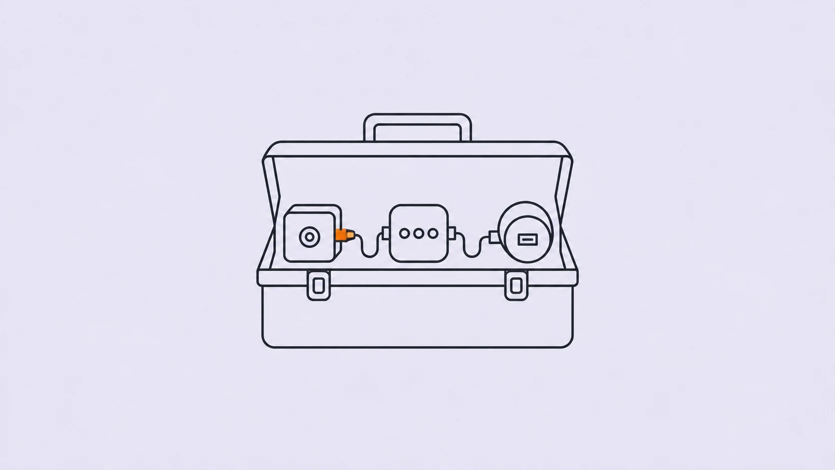 Une boîte à outils dessinée au trait contient trois modules reliés, avec un connecteur orange sur fond lavande pâle.
