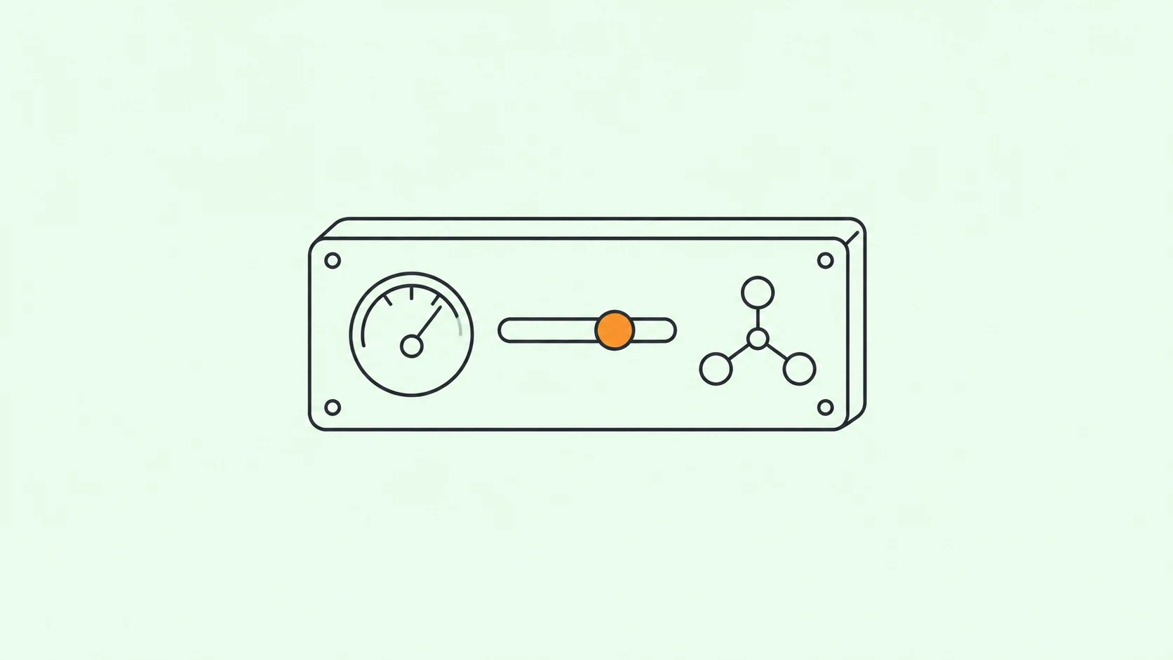 An outlined control panel with a gauge, an orange slider, and connected nodes on a pale mint background.