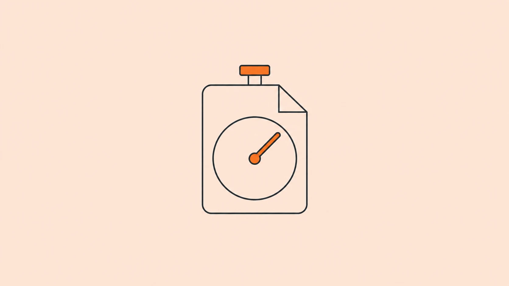 An outlined stopwatch shaped like a document, with an orange hand and button on a pale peach background.