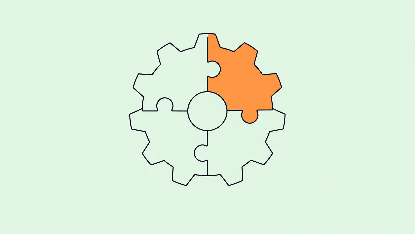 Un engrenage dessiné au trait, composé de quatre pièces emboîtées dont une orange, sur un fond menthe pâle.