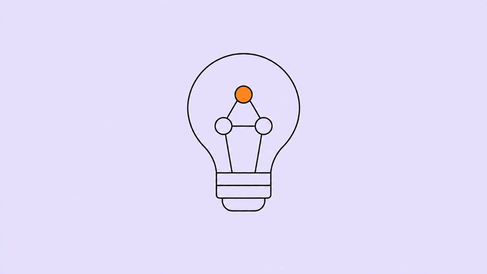 An outlined lightbulb with three connected nodes forming its filament, one orange, on a pale lavender background.