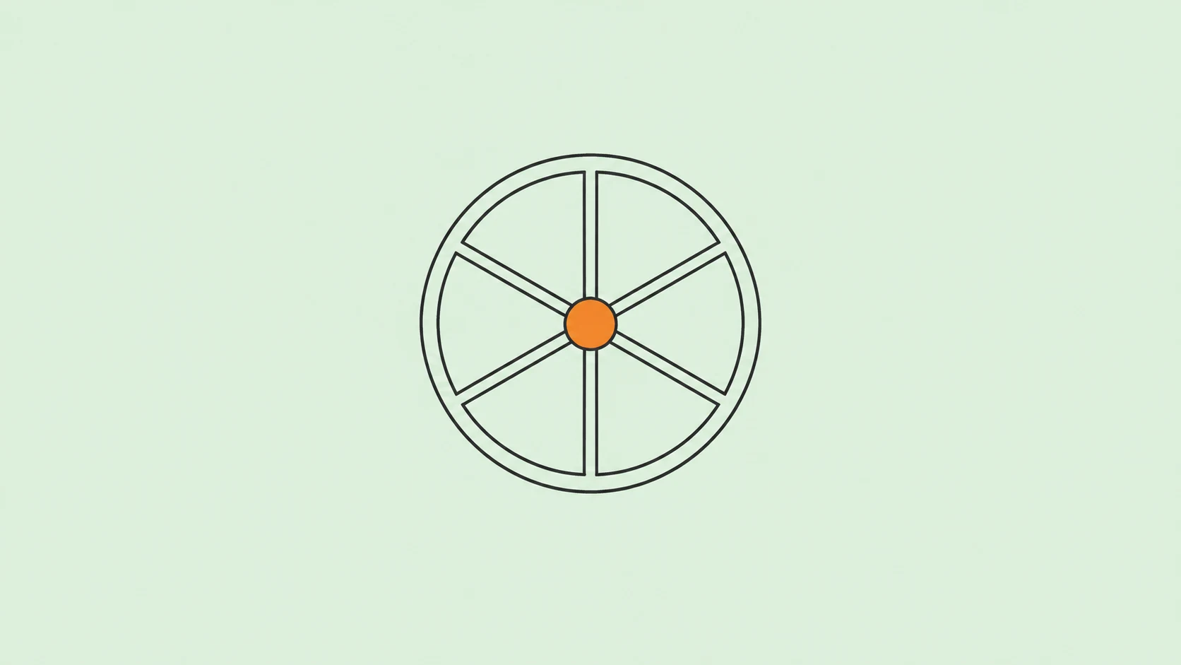 A six-spoked wheel outlined in charcoal with an orange central hub on a pale mint background.