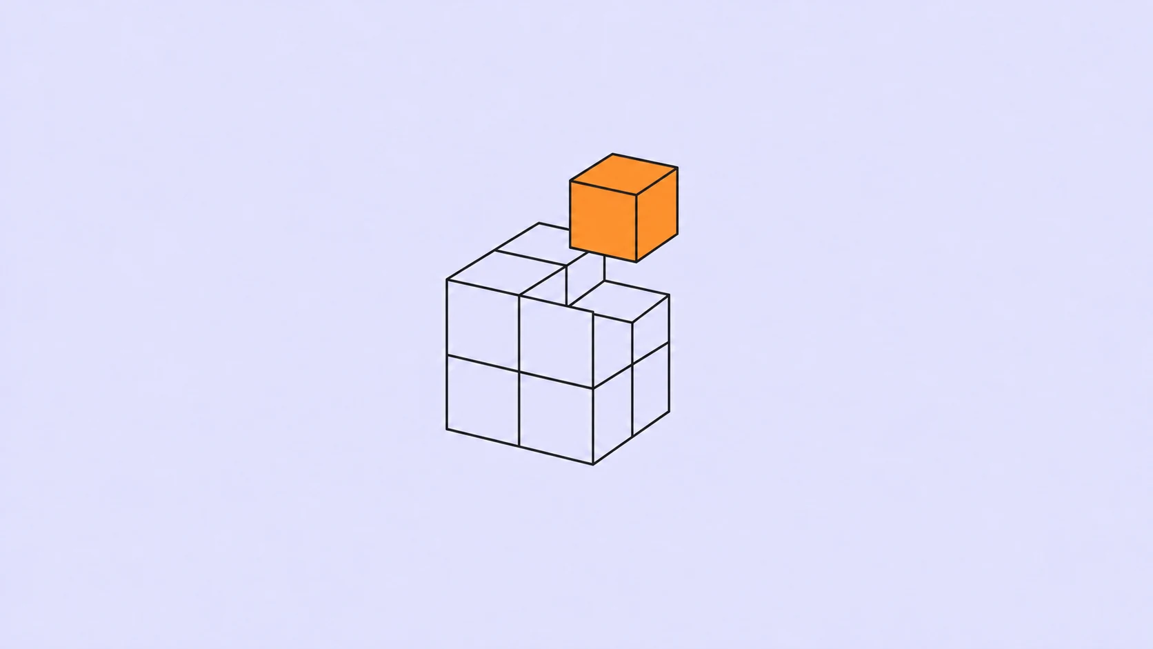 An outlined modular cube with one orange corner block lifted above its place, on a pale blue background.