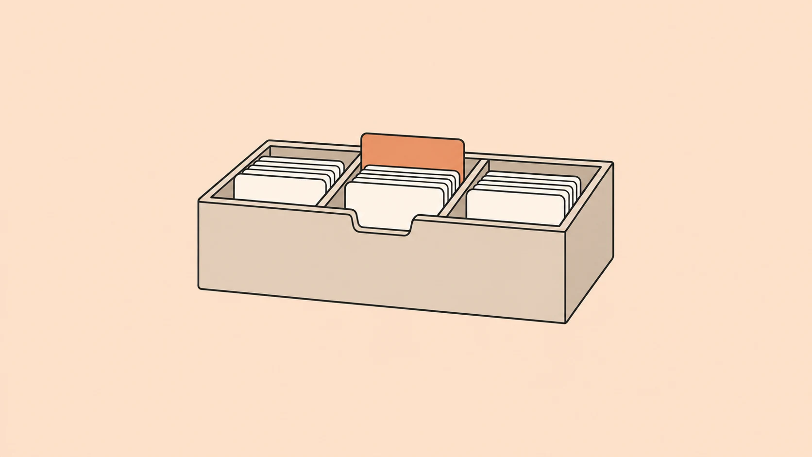 An outlined filing box with three compartments of blank cards and one raised orange card on a pale peach background.