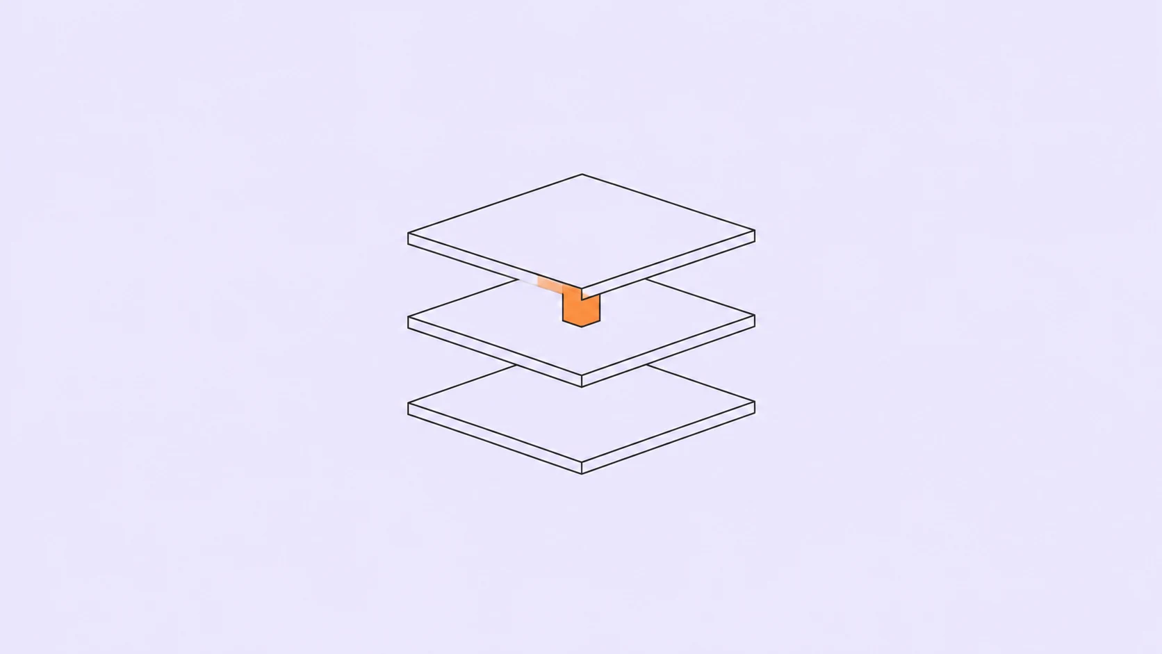 Three thin outlined tiles stacked with space between them and a small orange connector on a pale lavender background.