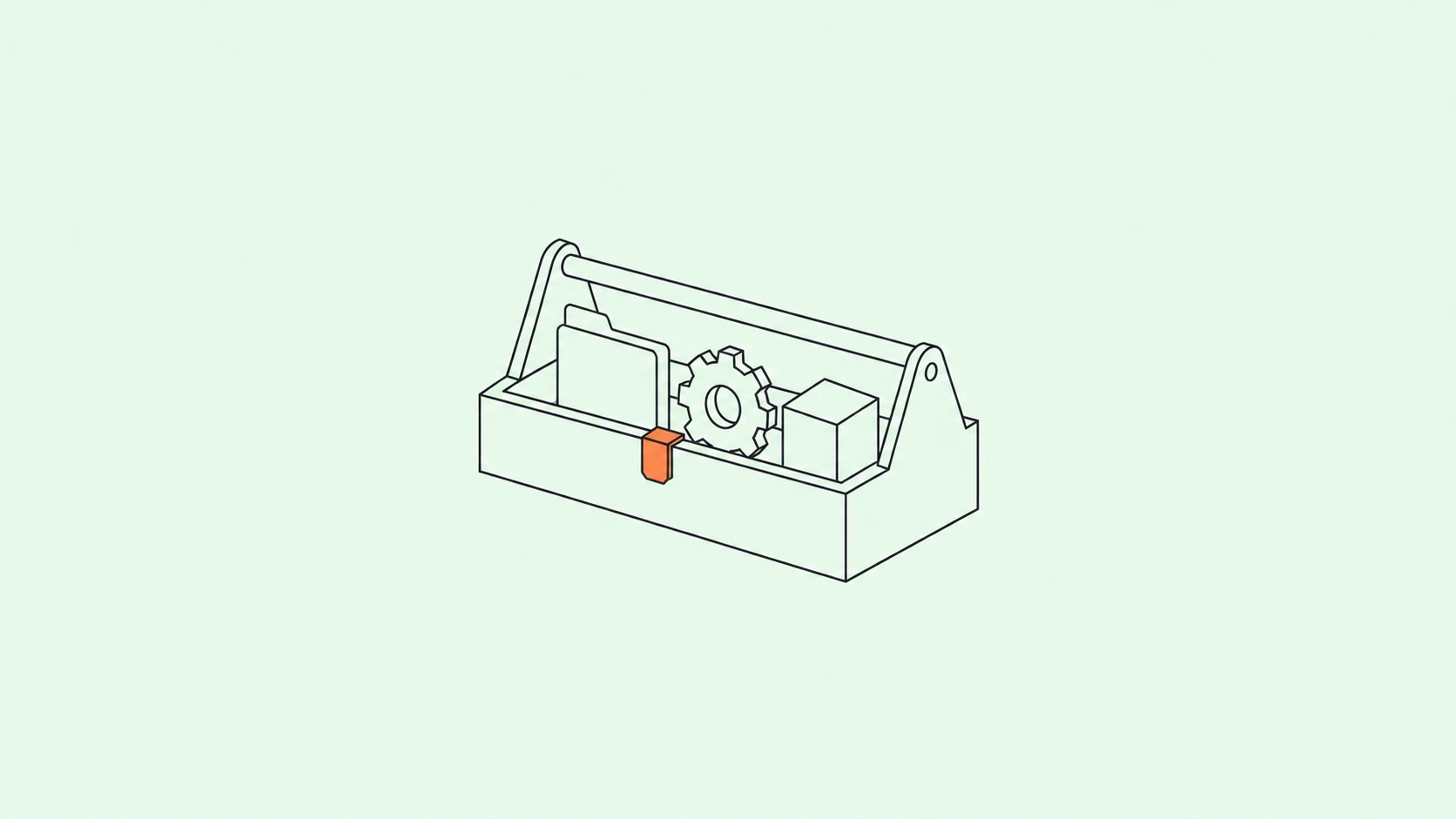 Une boîte à outils dessinée au trait contenant un dossier, un engrenage et un cube, avec un fermoir orange sur un fond menthe pâle.