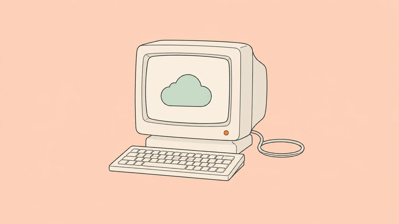 Un terminal informatique ancien affiche un nuage vert menthe, dessiné en fins traits anthracite sur un fond pêche pâle.