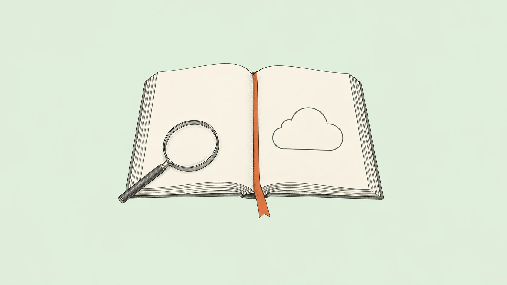An open book with a cloud symbol, magnifying glass, and orange ribbon bookmark on a pale mint background.