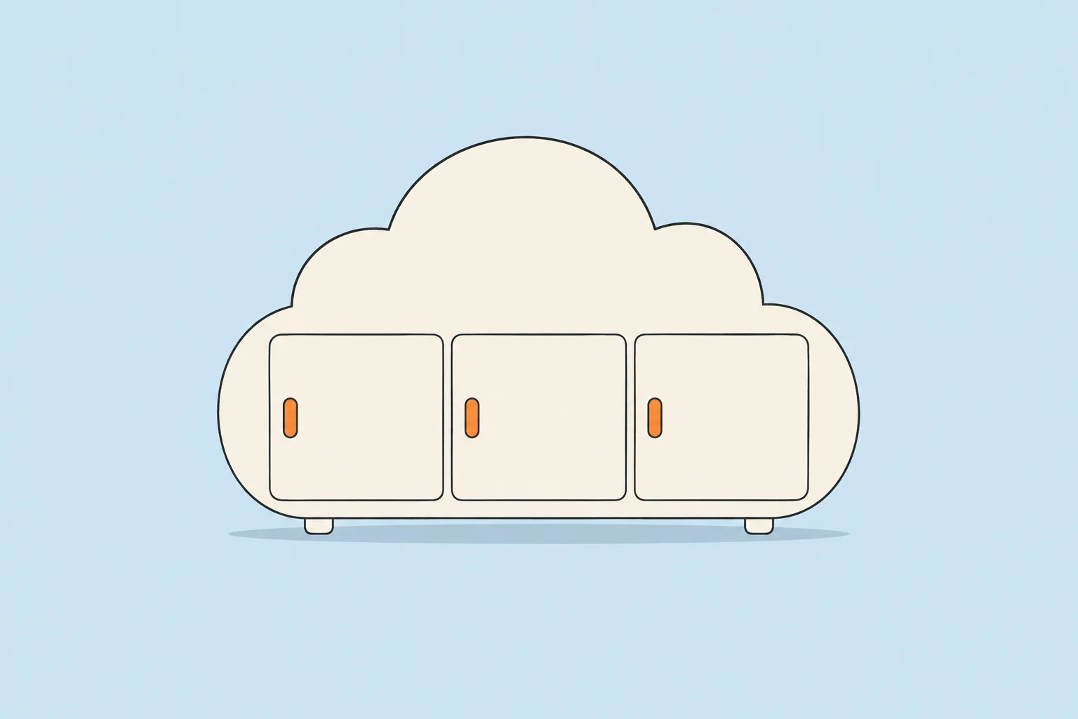 A cream cloud-shaped cabinet with three separate doors and orange handles on a pale blue background.